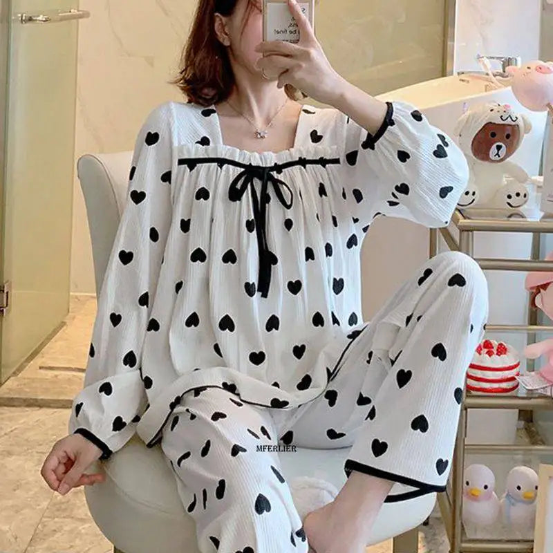 Plus Size 5XL 150KG Spring Pajamas Set Heart Print Women Pyjamas Sleepwear Pijama Mujer Large Long Sleeve and Pants Homewear