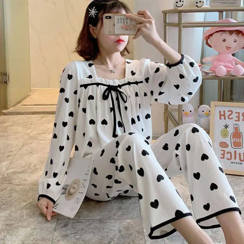 Plus Size 5XL 150KG Spring Pajamas Set Heart Print Women Pyjamas Sleepwear Pijama Mujer Large Long Sleeve and Pants Homewear