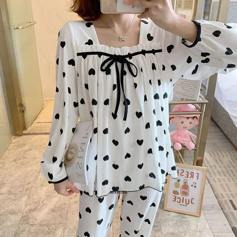 Plus Size 5XL 150KG Spring Pajamas Set Heart Print Women Pyjamas Sleepwear Pijama Mujer Large Long Sleeve and Pants Homewear