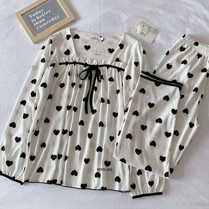 Plus Size 5XL 150KG Spring Pajamas Set Heart Print Women Pyjamas Sleepwear Pijama Mujer Large Long Sleeve and Pants Homewear