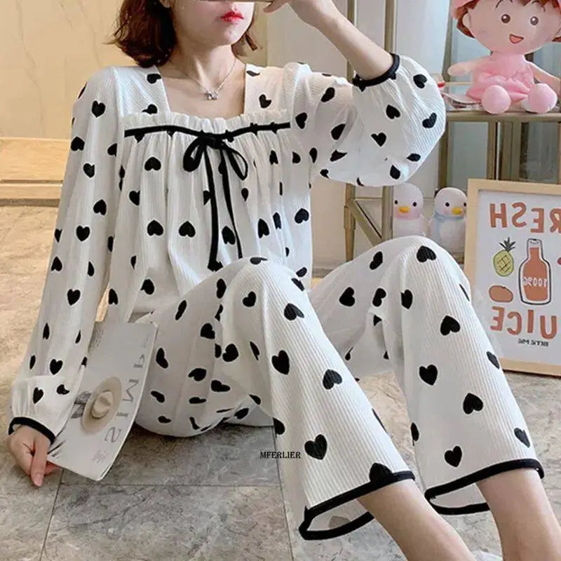 Plus Size 5XL 150KG Spring Pajamas Set Heart Print Women Pyjamas Sleepwear Pijama Mujer Large Long Sleeve and Pants Homewear